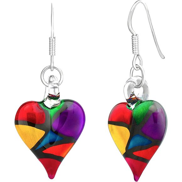 Murano Glass Heart Dangle Earrings for Women Handmade Handblown Red Art Gift